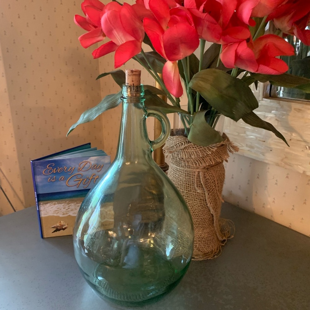 LAMP BASE, GREEN glass handled jug. 13 inches tall and 24 inch diameter.